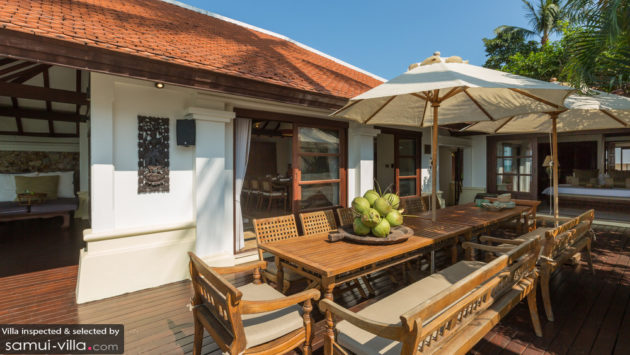 Outdoor dining at Ban Haad Sai, a luxury, private beach front villa located directly on Ban Rak Beach, Koh Samui, Thailand
