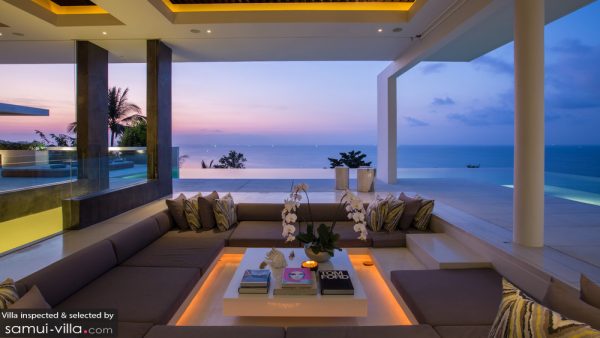 Living area at Celadon, a luxury and private villa located in the hills of Ban Por with ocean view, Koh Samui, Thailand